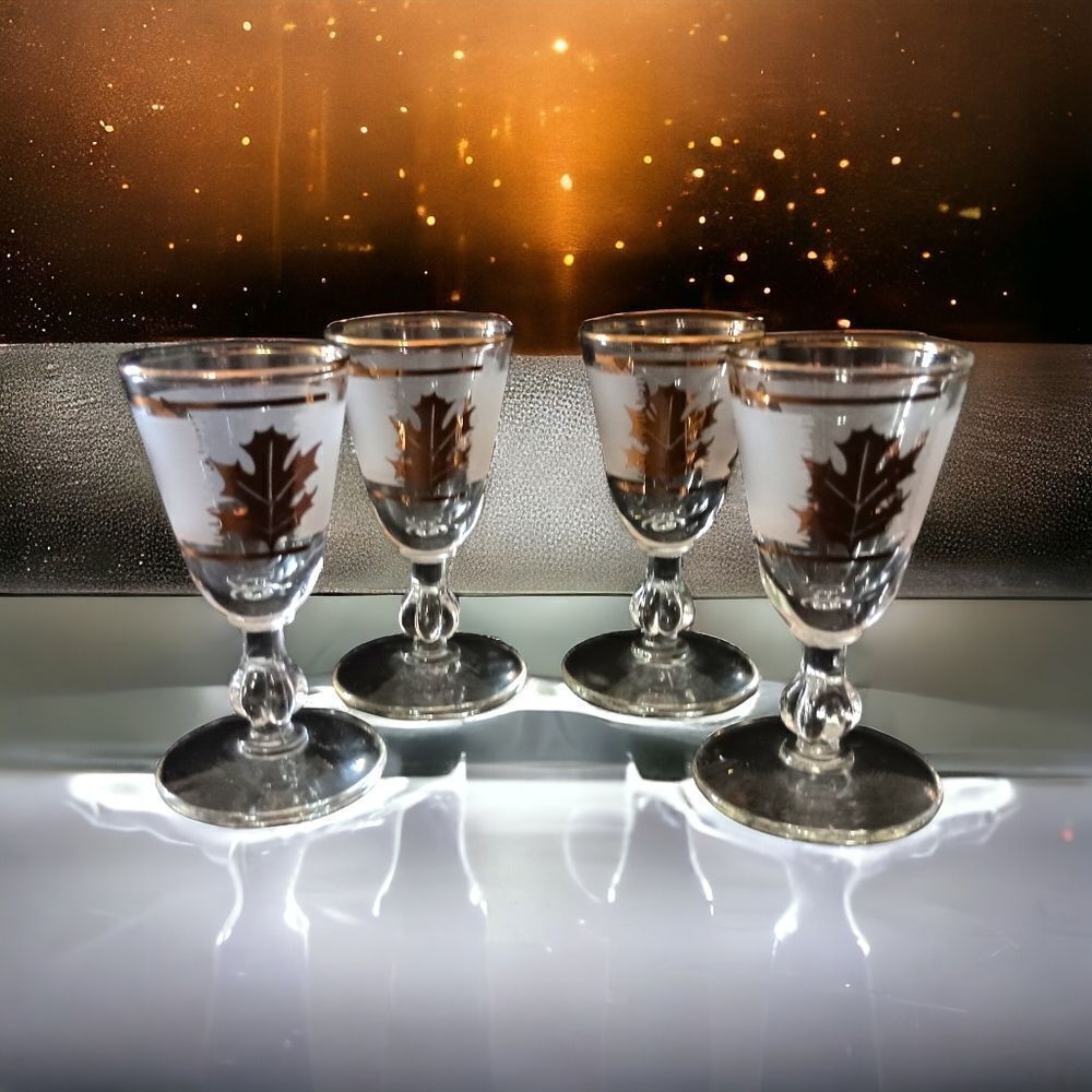 4 Libbey Autumn Golden Foliage Cordial Glasses Gold Leaves Mad Men MCM Frosted